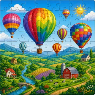 Hot air balloon over countryside kids jigsaw puzzle illustration