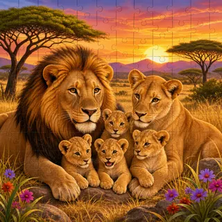 Colorful lion family on the savanna kids jigsaw puzzle illustration