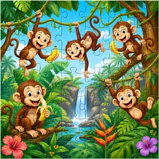 Monkeys swinging in trees kids jigsaw puzzle colorful scene
