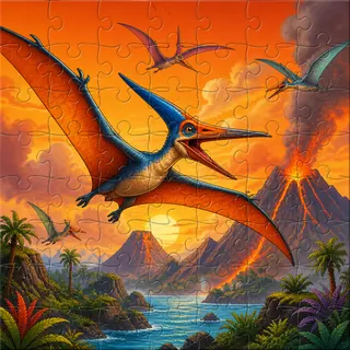 Pterodactyls flying over volcanoes kids jigsaw puzzle illustration
