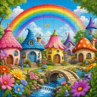 Rainbow fairy village kids jigsaw puzzle colorful scene