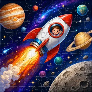 Rocket flying through space kids jigsaw puzzle artwork