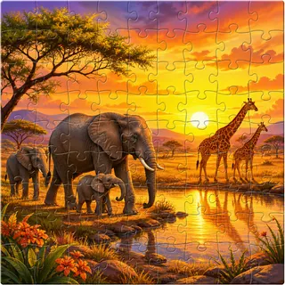 Safari adventure at sunset kids jigsaw puzzle illustration
