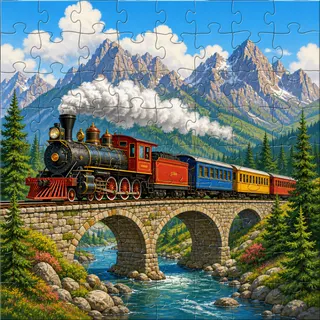 Steam train through mountains kids jigsaw puzzle artwork