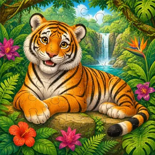Tiger in tropical jungle kids jigsaw puzzle illustration
