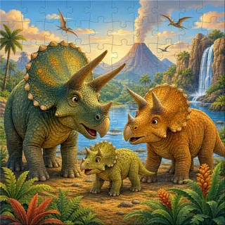 Triceratops family kids jigsaw puzzle colorful artwork
