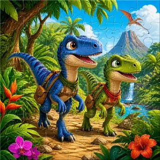 Velociraptors in jungle kids jigsaw puzzle colorful scene